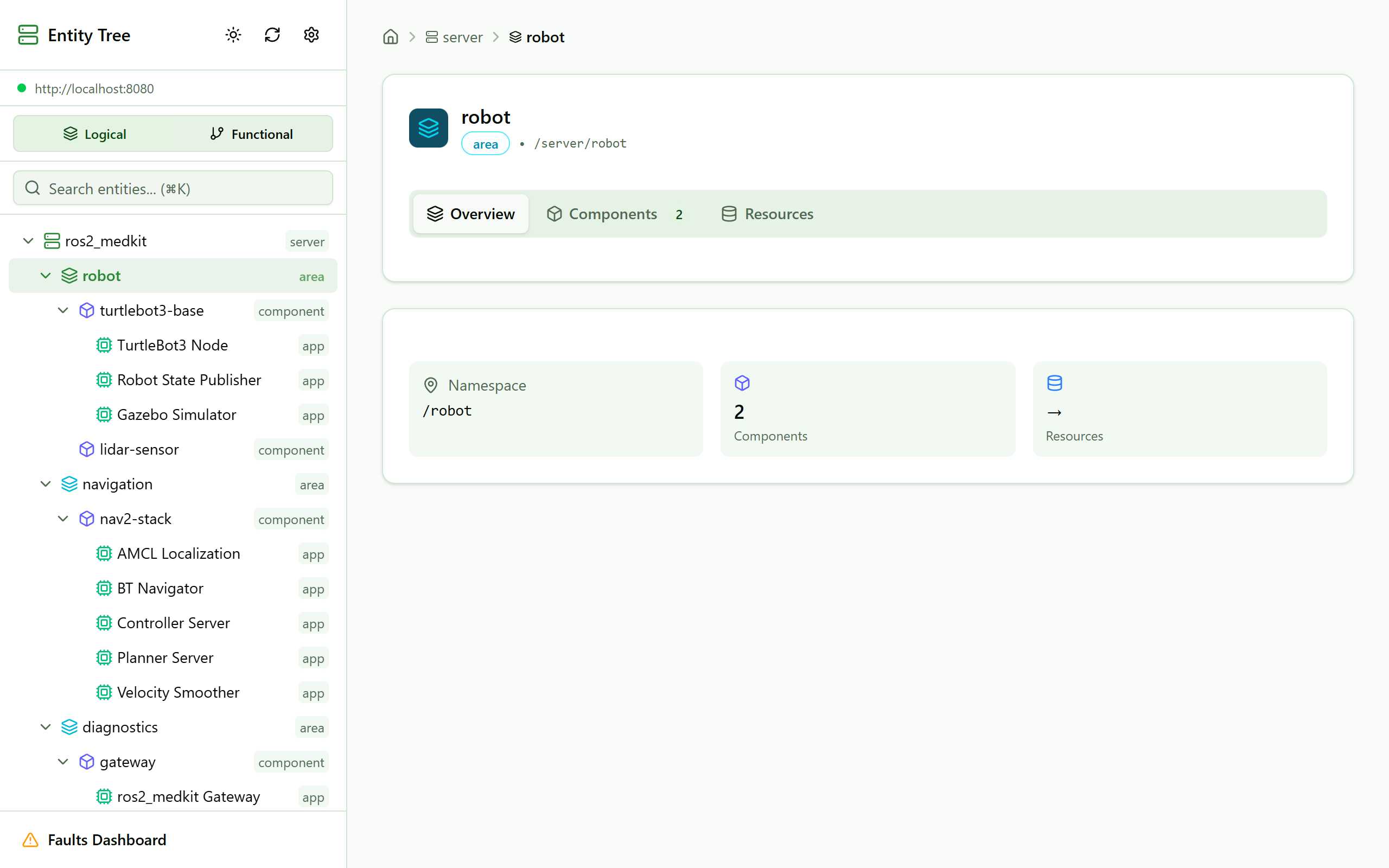 The ros2_medkit web UI: a SOVD entity tree of areas, components and apps discovered from a live ROS 2 graph, beside the overview panel for the selected area.